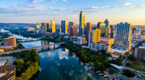 The Austin Texas Sunrise of 2017 The Travel Destination Cityscape Skyline - Sunrise Cityscape Austin Texas at Golden Hour Above Tranquil Lady Bird Lake 2017